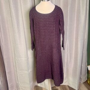 GRIZAS 100% Linen Purple Checked Long Sleeve Scoop Neck Flowy Dress